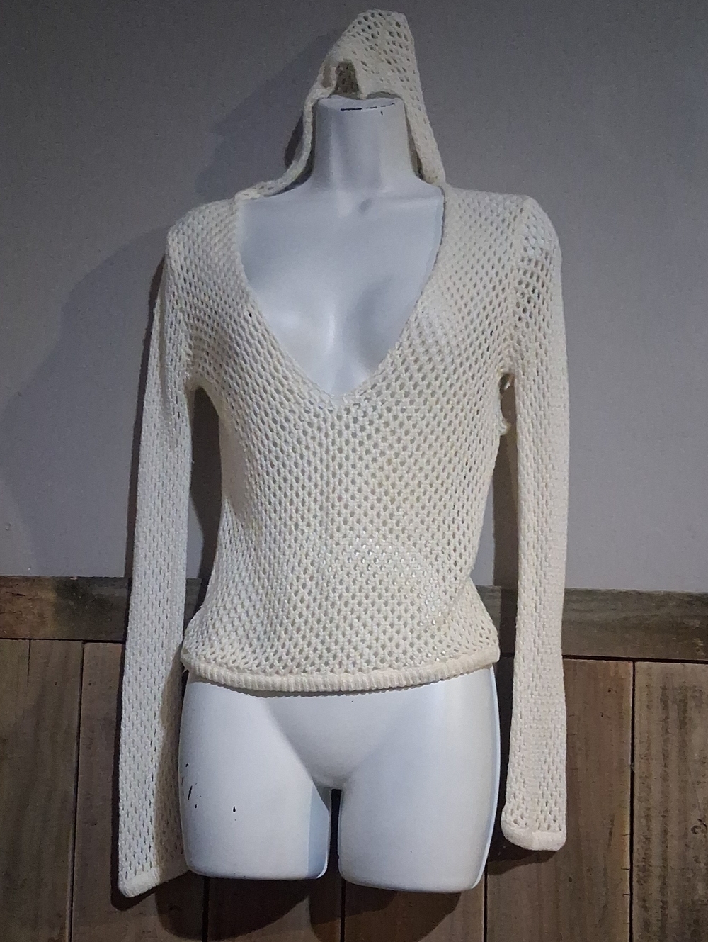Cream Hooded V-Neck Open Knit Sweater